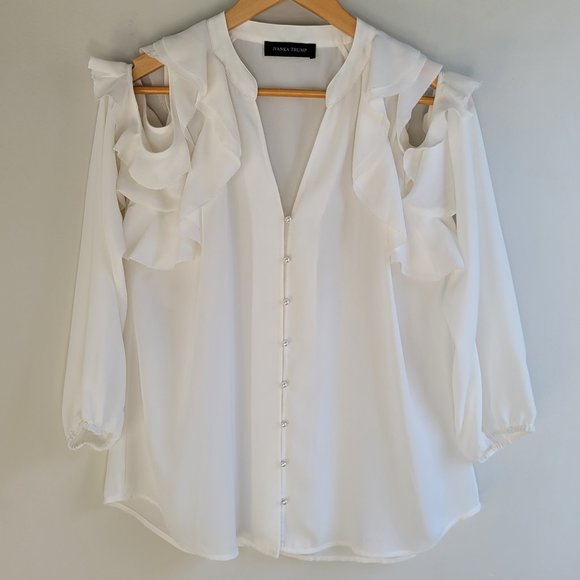Ivanka Trump Elegant Women Blouse Shirt Ruffles Cold Shoulder Tops - Picture 6 of 8